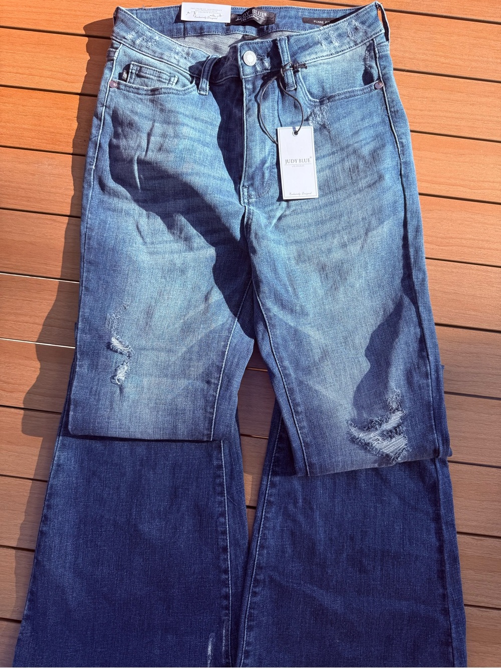 Judy Blue Women's Blue Flare Jeans with Distressed Detail - Picture 5 of 13